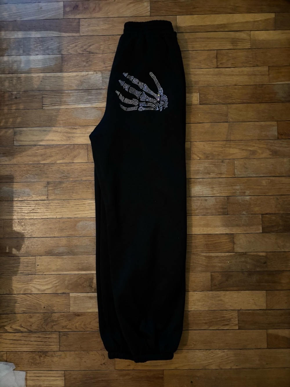 Black Sweatpants with Rhinestone Skeleton Hand Design - Picture 5 of 7